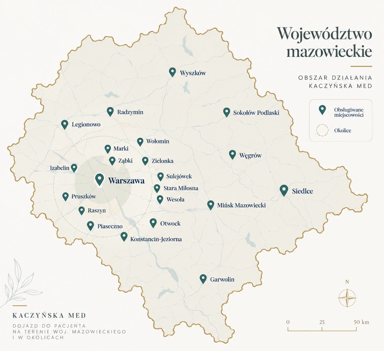 Mapa obszaru działania Kaczyńska Med: województwo mazowieckie — Warszawa, Siedlce i okolice